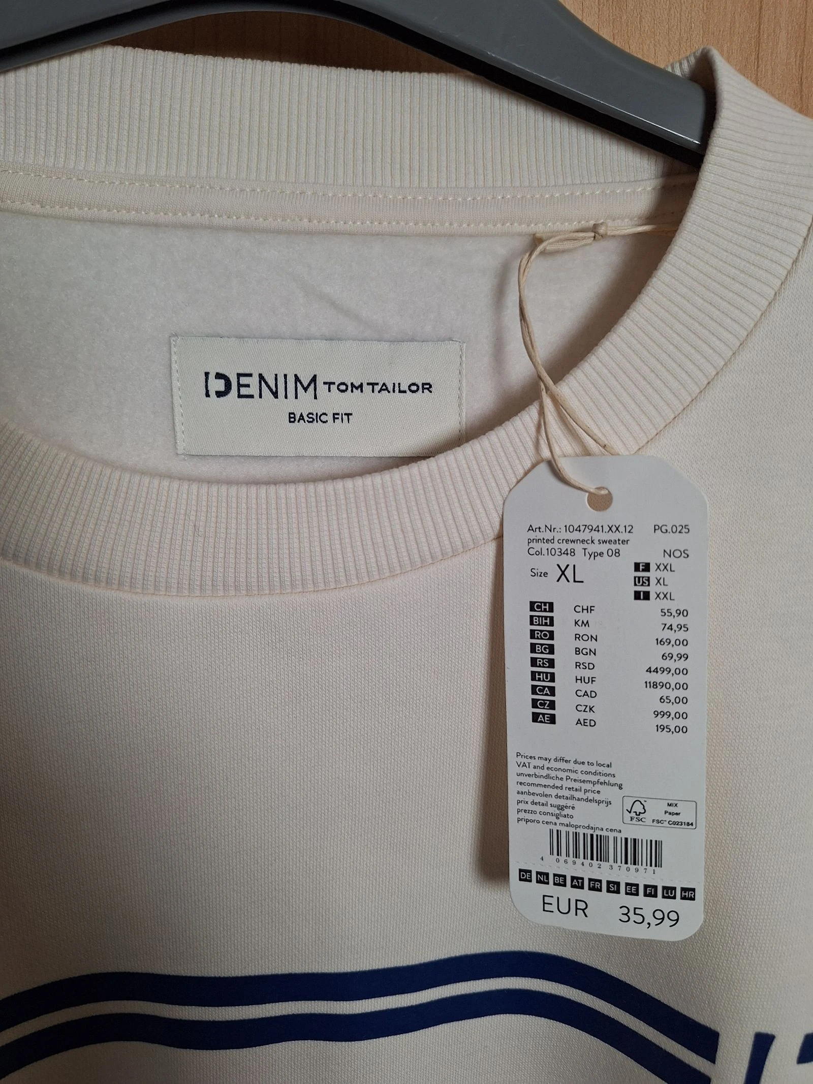 Moletom bege Tom Tailor Denim novo com etiqueta tamanho GG, sweatshirt branco quebrado com faixas azul marinho – photo 4